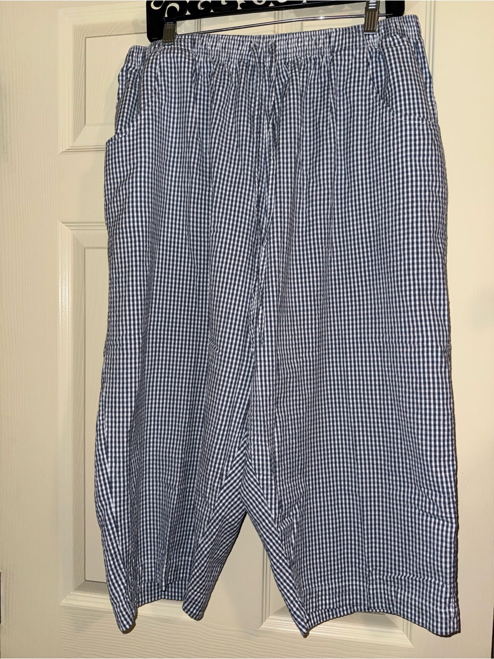 Blue Gingham Wide-Leg Pull-On Pants
